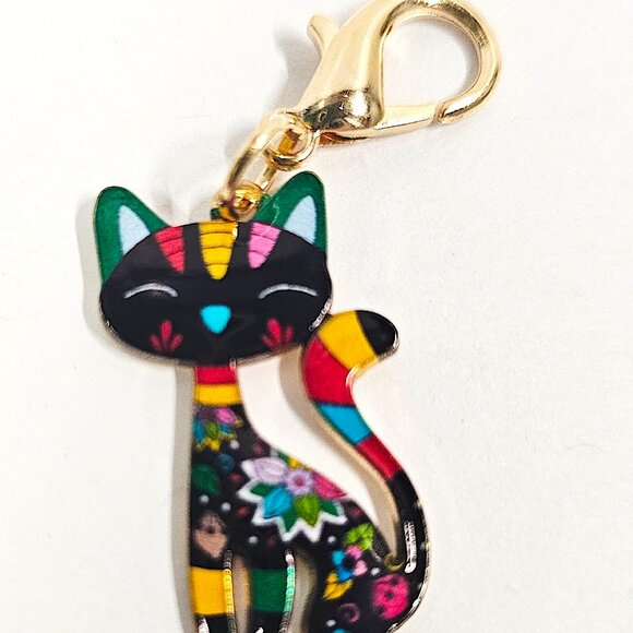 Abstract Colored Cat Keychains Purse Bag Backpack Charm Choose Color Gold Clip - Picture 1 of 8